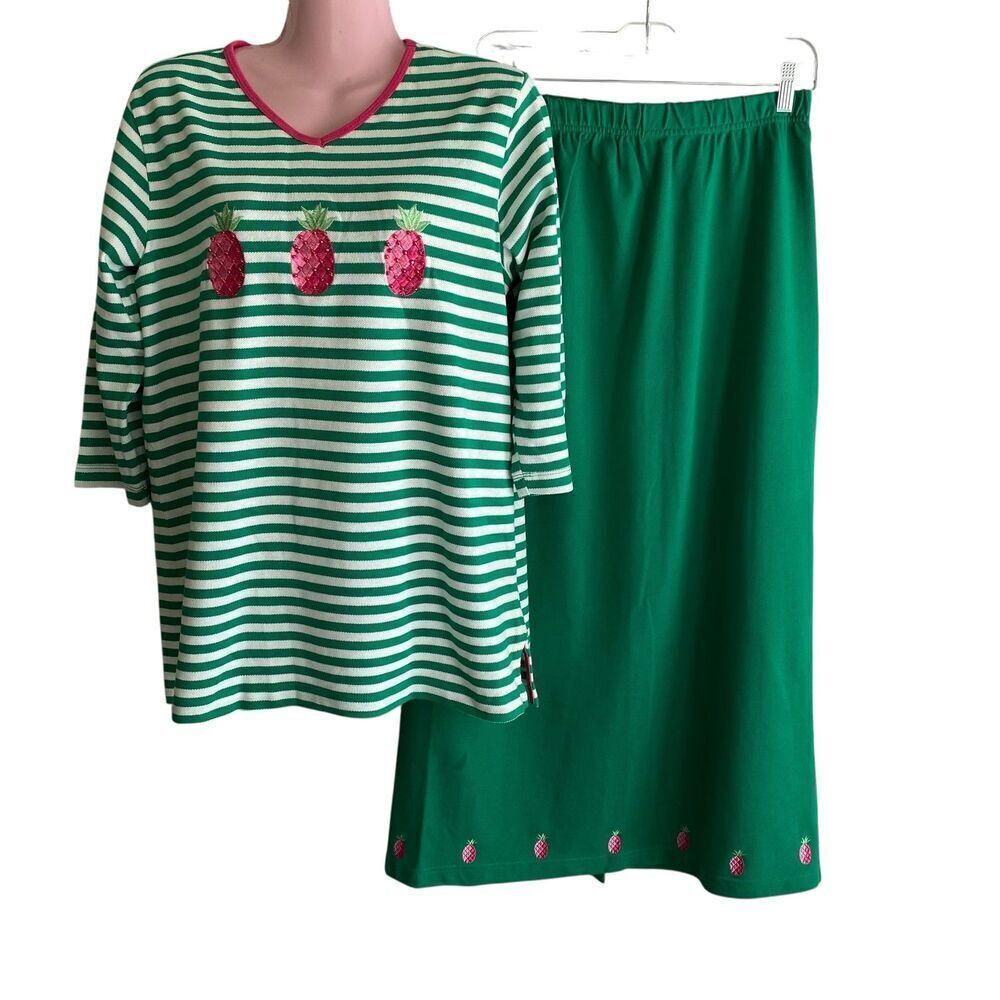 Quacker Factory Top Skirt Set Womens Medium Pineapple Beaded Embroidered Outfit